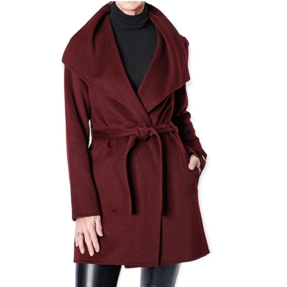 T Tahari Jackets & Blazers - T Tahari Port Wine Wool Blend Tied Belt Wrap Trench Coat exaggerated collar M